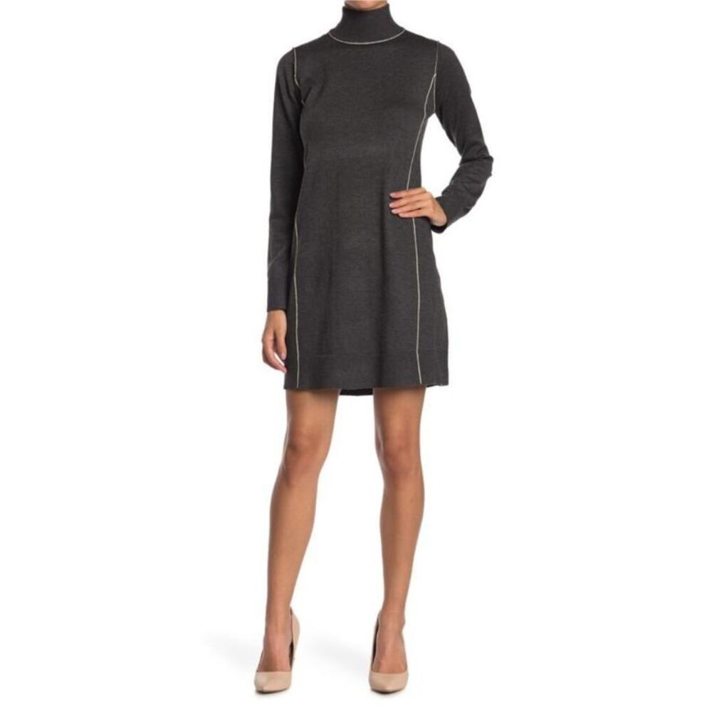 Max Studio Black Knit Shift Sweater Dress Small Contrast Stitch Turtleneck New